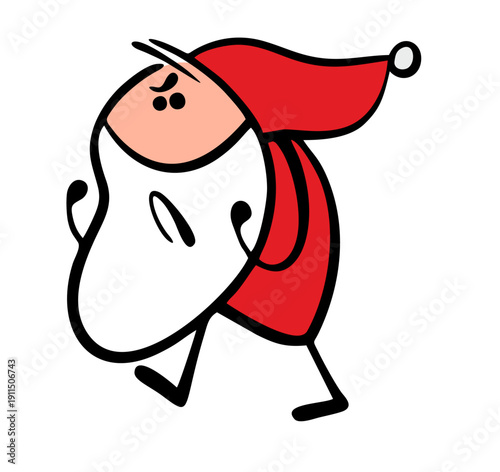 Aggressive Santa Claus clenched his fists and leaves the party. Vector illustration, print for merry Christmas. Cartoon frustrated actor goes to fight.