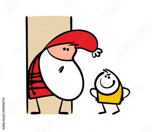 Poor Santa Claus is trapped. Vector illustration of a child tied a fairy-tale character to a tree, demanding gifts for Christmas and new year. Winter holidays celebration.