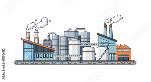 Industrial factory complex with smoking chimneys and storage tanks.
