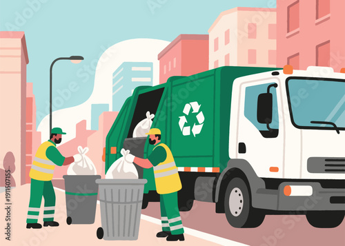 Two Garbage Officers Cleaning Up the Capital City Illustrator Artwork Creative Design Template 