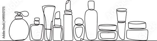 Continuous one line drawing of cosmetics bottle packaging set.one line icon illustration with white background