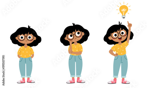 A set of flat vector illustrations. A cute girl with glasses in three poses: standing at full height, in a thoughtful pose, and in a pose of inspiration. Vector illustration