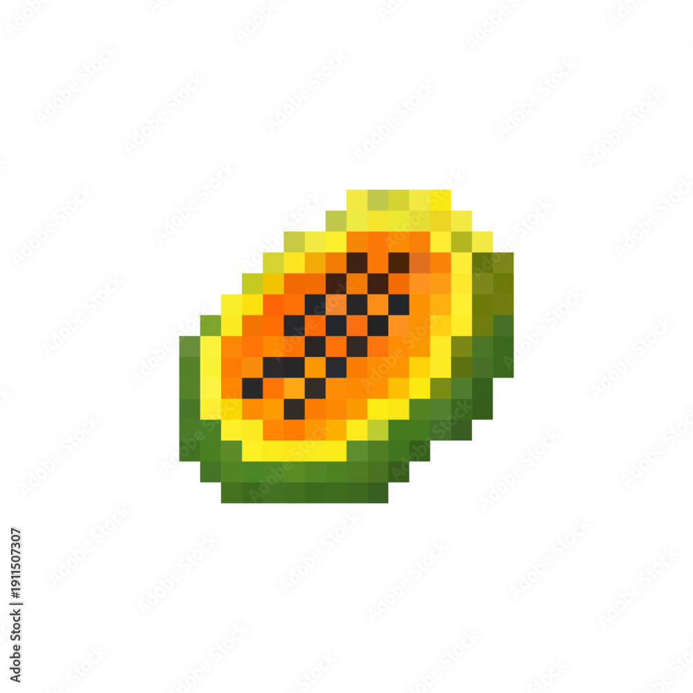 Obraz premium 8-bit pixel art papaya slice isolated on white background. Retro tropical fruit icon in arcade game style. Vibrant orange and green pixelated illustration suitable for game assets, UI elements, and di