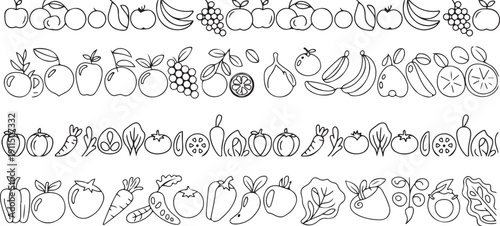 Two top and bottom Seamless Patterns with Fruits, Vegetables and empty space for text between them.one line icon illustration with white background
