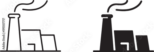 Two different factories emitting smoke from their chimneys in a stylized illustration. isolated on white background, illustration