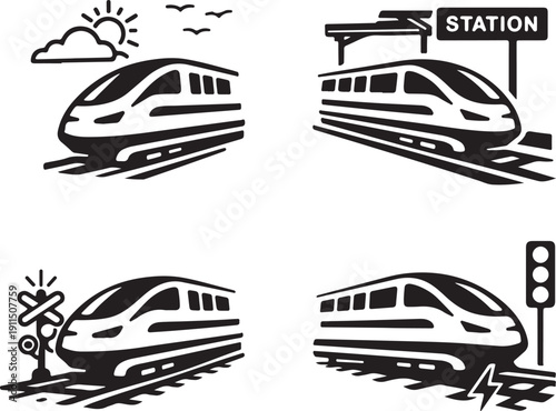 train illustrations showing various train scenarios and symbols isolated on white background, illustration