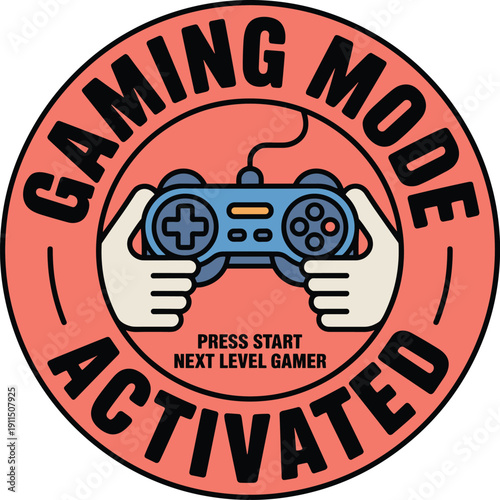 Hands Hold Video Game Controller, Gaming Mode Activated Text, Retro Stock Graphic