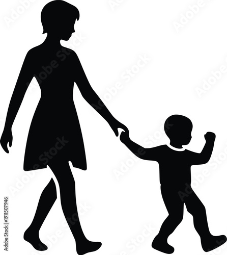 Silhouette of a woman and a child holding hands and walking together