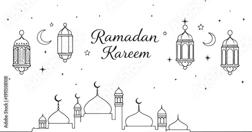 Ramadan kareem illustration with lanterns and mosque silhouettes isolated on white background, illustration