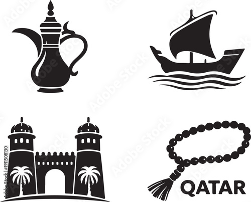 Symbols representing the rich cultural heritage and history of qatar isolated on white background, illustration