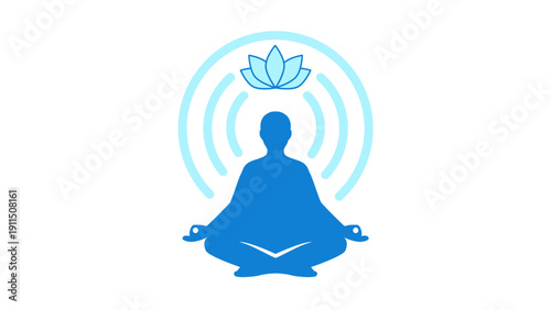 Blue Silhouette of Person Meditating in Lotus Pose with Aura