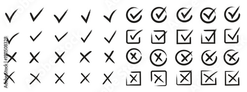 check mark, tick mark, and cross brush sign red checkmark and red X icons. Cross box x check mark checkbox v list vector draw. checklist symbol wrong circle. Vector Illustration