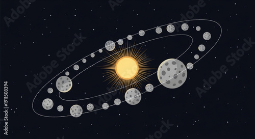 Solar system model with sun and moons orbiting in space