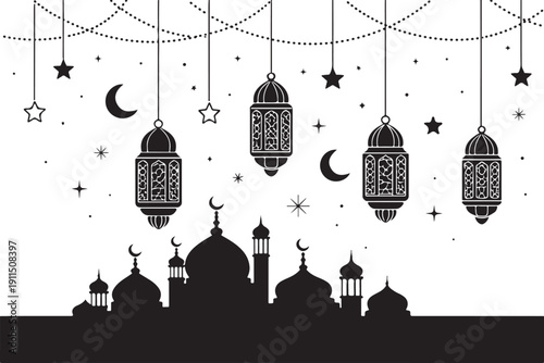 Silhouettes of mosque and lanterns under a starry night sky during ramadan isolated on white background, illustration