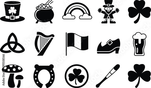 Saint Patrick's Day Icons Collection: Leprechaun, Shamrock, Pot of Gold, Rainbow, Harp, Beer
