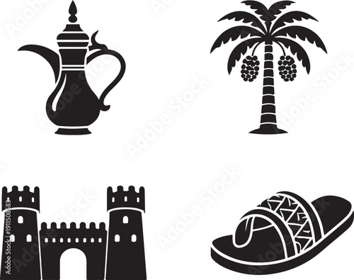  Traditional Gulf heritage icons ,symbols representing middle eastern culture and heritage isolated on white background, illustration