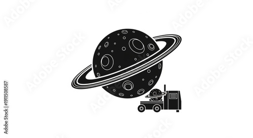 Saturn planet with ring and semi truck driving by in black and white illustration on white background