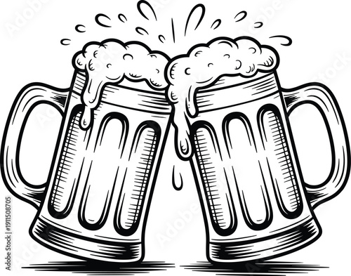 Two Beer Mugs Clinking Together with Overflowing Foam and Splashes, Black and White Line Art