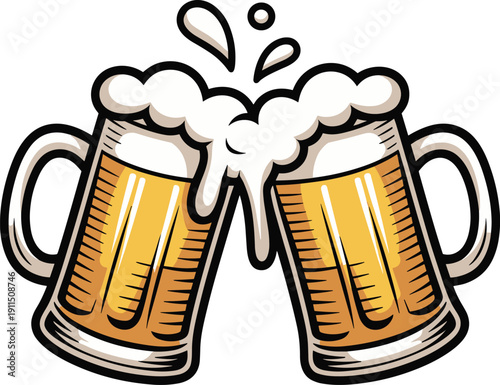Two Beer Mugs Clinking with Frothy Foam, Celebration Clipart