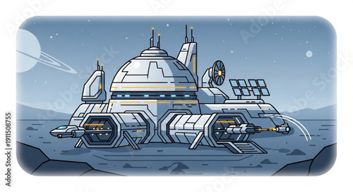 Futuristic space station on a distant planet with a satellite and solar panels in a sci fi setting