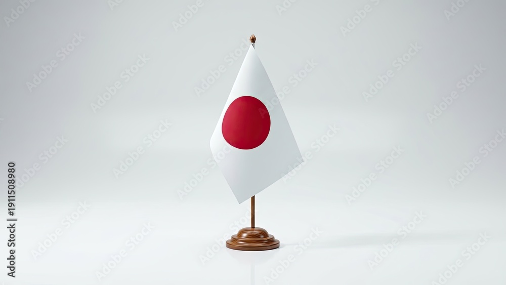 Fototapeta premium Japan Flag Displayed: A crisp Japanese flag, with its iconic red sun emblem, stands proudly on a small wooden stand. Perfectly demonstrating symbolism, culture, and national identity.