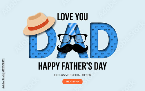 Happy Fathers Day greeting card with decorative text and accessories