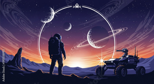 Astronaut standing with robotic rover vehicle on mars like planet with multiple moons and planets in the sky at sunset