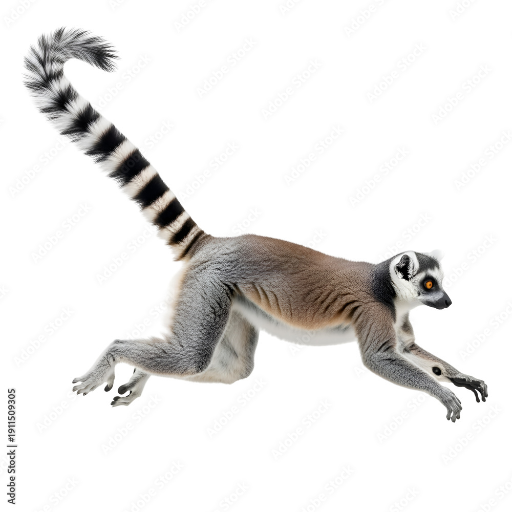 Naklejka premium Ring-tailed Lemur Running Isolated on White Background on white background, Isolated on Transparent Background