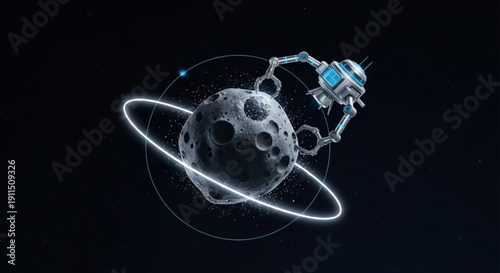Futuristic robotic spacecraft orbiting a cratered moon with glowing neon rings in dark space environment