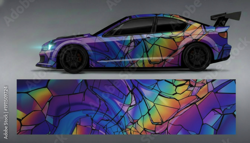 A custom car with a vibrant, abstract, shattered-glass-effect wrap design.