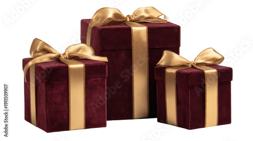 Three luxurious velvet gift boxes with gold ribbons on transparent background