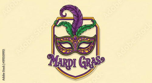 Mardi Gras mask emblem with feathers and text festive celebration symbol for carnival and masquerade events isolated on cream background