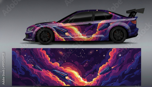 Pixel art space-themed car wrap design featuring colorful nebulae, stars, and futuristic spacecraft on a sports coupe.