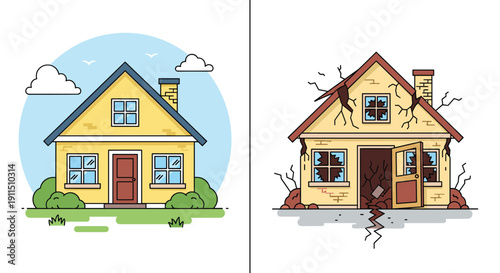 Comparison of a new house and a damaged house illustration