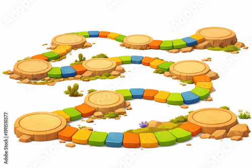Colorful cartoon isometric board game path with winding trail of tiles connecting round tree stump platforms for kids adventure strategy gameplay level design and fantasy map illustration