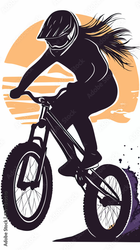 Fototapeta premium Silhouette of female BMX rider performing jump stunt on mountain bike against abstract sunset background vector illustration