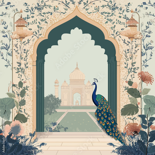 Elegant peacock on Mughal archway overlooking Taj Mahal with intricate floral wallpaper and traditional garden scene vector illustration