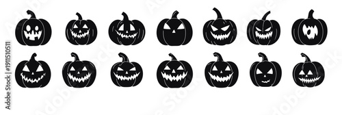 Collection of spooky Halloween jack o lantern silhouettes with various scary and funny carved pumpkin faces in black and white minimalist vector style