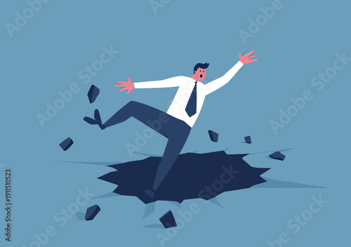 Businessman falling into cracked hole on ground concept of failure risk problem crisis and danger in flat minimalist style vector illustration