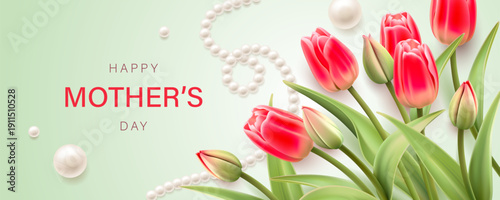 Text and a bouquet of flowers isolated on a light background. Pink Tulips. Banner for Mother's Day.