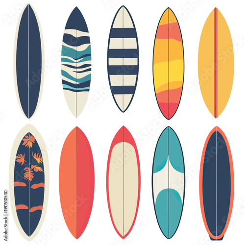 Set of ten colorful surfboards with various minimalist stripe, wave, leaf, and abstract patterns in flat vector style for beach water sports and summer lifestyle design elements