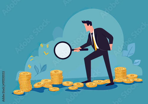 Businessman with magnifying glass examining trail of gold coins and dollar signs symbolizing financial opportunity, investment search, profit growth concept vector illustration