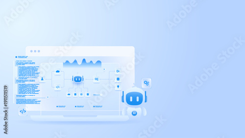 AI workflow automation artificial intelligence. ai agent network diagram dashboard machine learning flow process, analytics panels, coding panels and automation system.