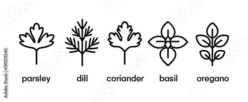 Herb icons: parsley, dill, coriander, basil, oregano in black outline