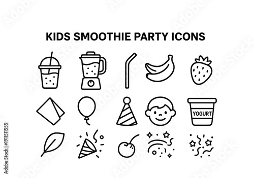 Kids smoothie party icons: blender, straw, fruit, celebration elements