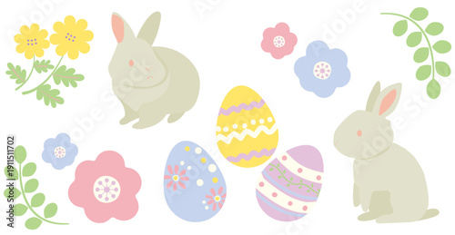 イースターエッグとうさぎの花いっぱいの春イラスト