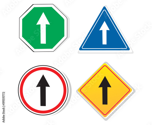 Cute collection of Straight ahead sign board with four shape inside isolated on white background. Traffic road sign symbol