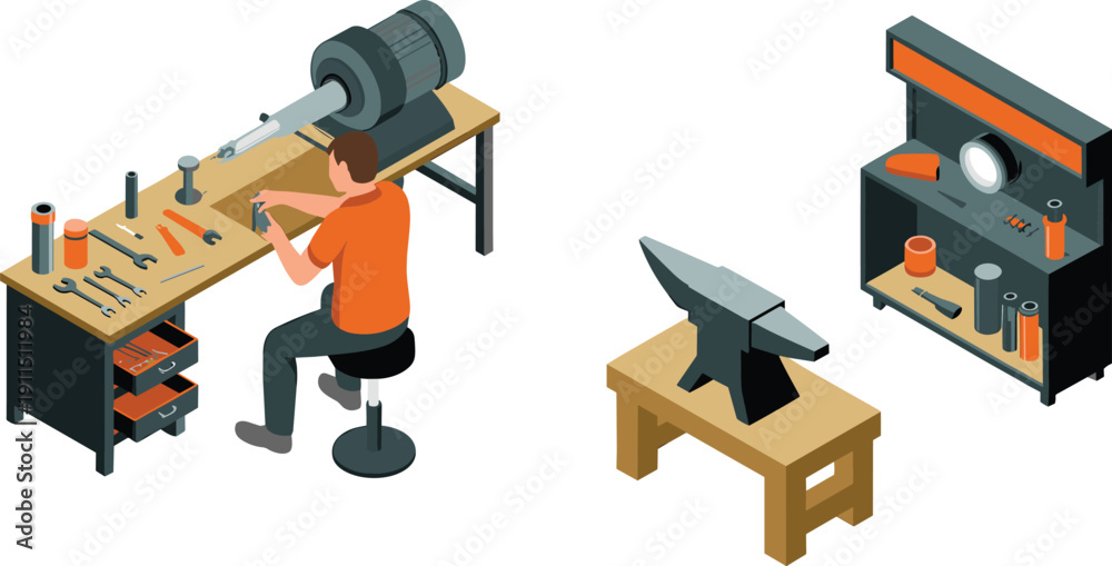 Ταπετσαρία Isometric workshop illustration with craftsman workbench tools and machinery, me