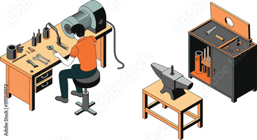 Isometric metal workshop illustration with craftsman workbench tools and machinery, fabrication studio equipment vector isolated industrial design