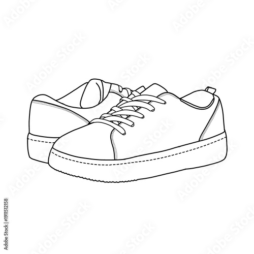 A clean, simple outline illustration of a pair of lace-up sneakers. This black and white vector style drawing shows classic casual shoes with stitching details on the sole.